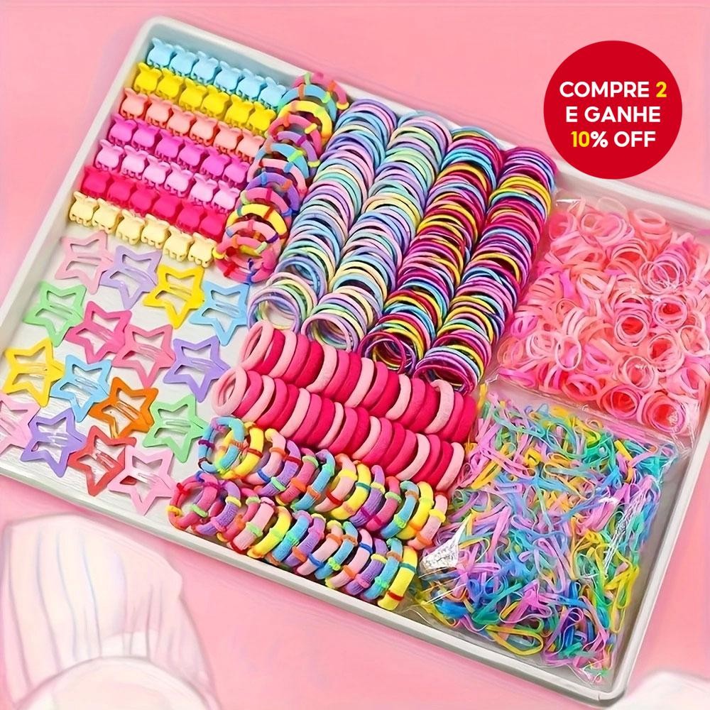 Conjunto com 875pcs de elásticos de cabelo coloridos mistos com clipes em forma de estrela para pent