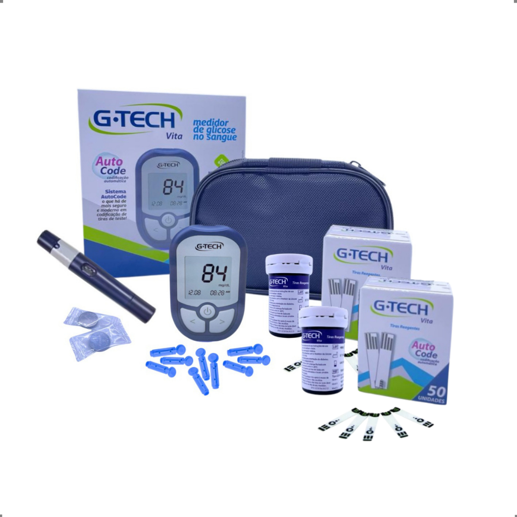 Medidor Glicose Diabete Gtech Kit Com 1 Aparelho 1 Caneta 110 Tiras 10 Lancetas Completo Original