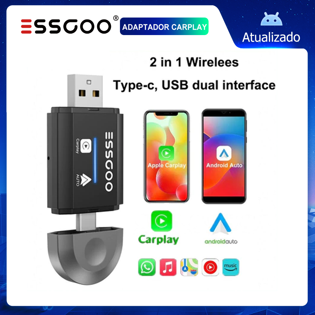(Do São Paulo)ESSGOO Adaptador carplay de carro Conversor Sem Fio Wireless Carplay Android Auto Para