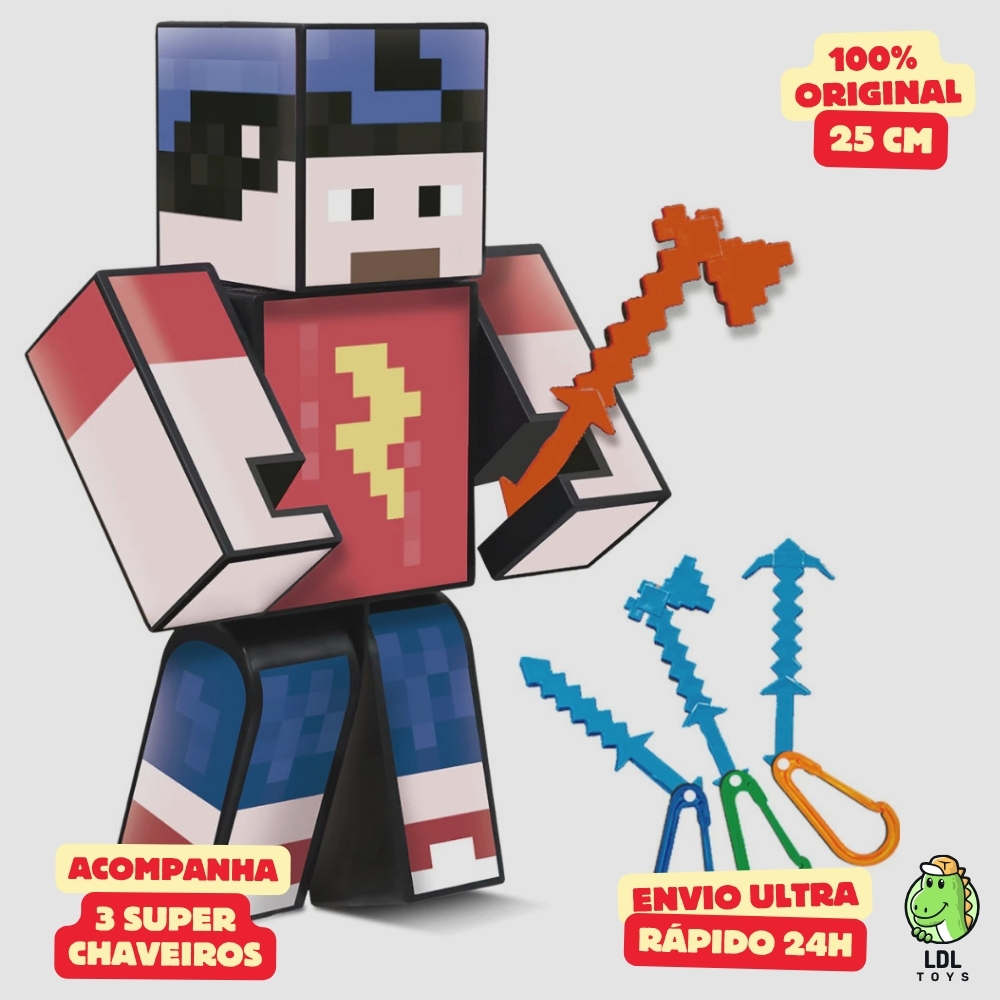 Boneco Aventuras de Mike 25cm Articulado Acompanha 3 Chaveiros Youtuber Original Algazarra