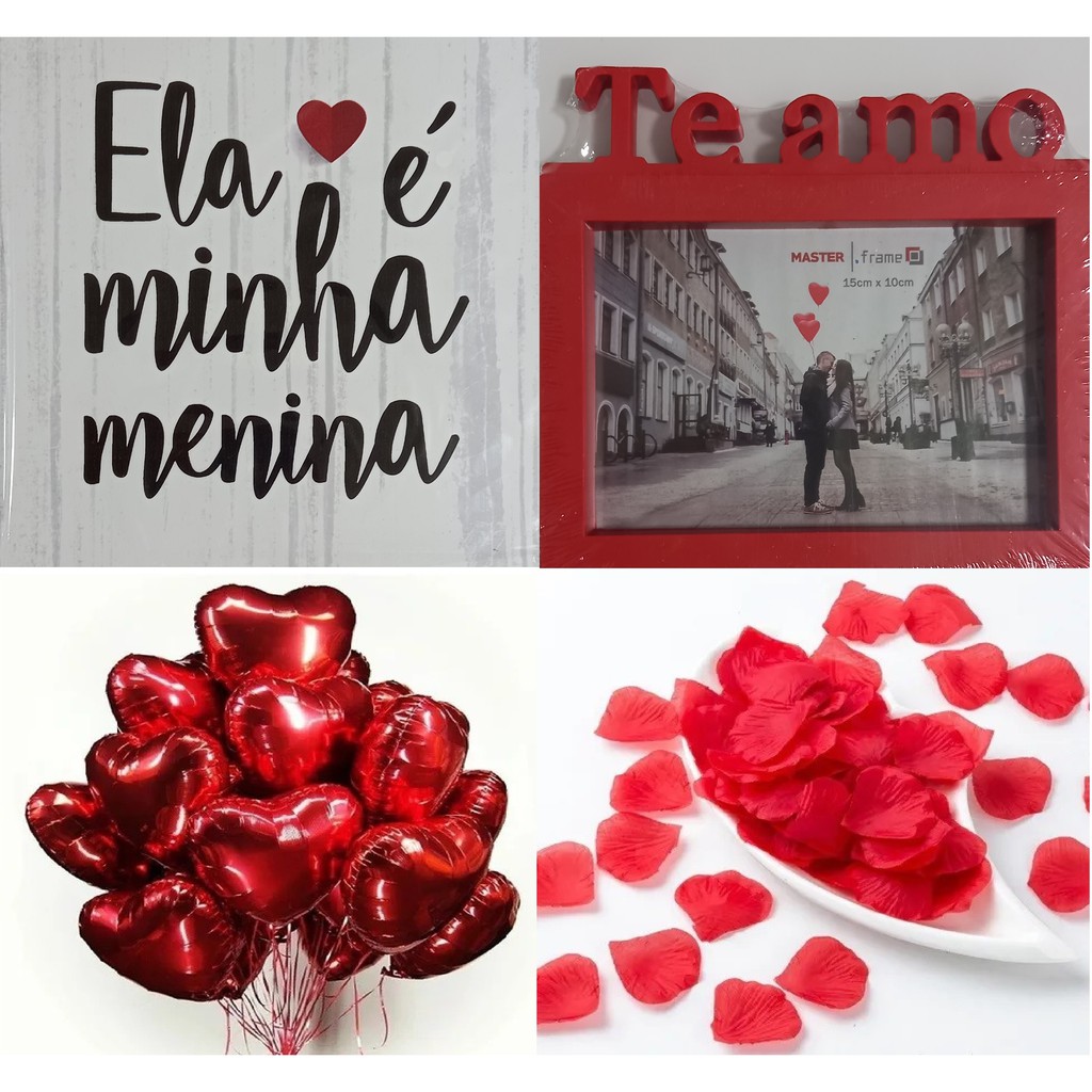 Kit Romântico Porta Retrato + 300 Pétalas Rosa + 06 Balão Coração + 08 Velas Rechaud + Placa MDF Men