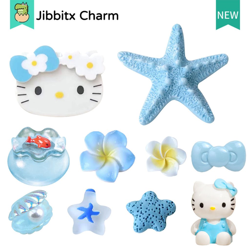 Kit 10pcs Charms de Resina Kitty Azul Para Sandálias Estrelas do mar Conchas e Elementos Marinhos Pa
