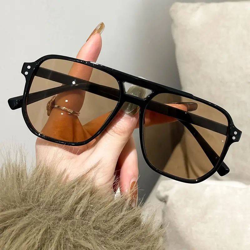 Óculos De Sol Retrô De Feixe Duplo , Armação Grande , Proteção UV , Lentes Oceânicas Em Chá Preto/Am