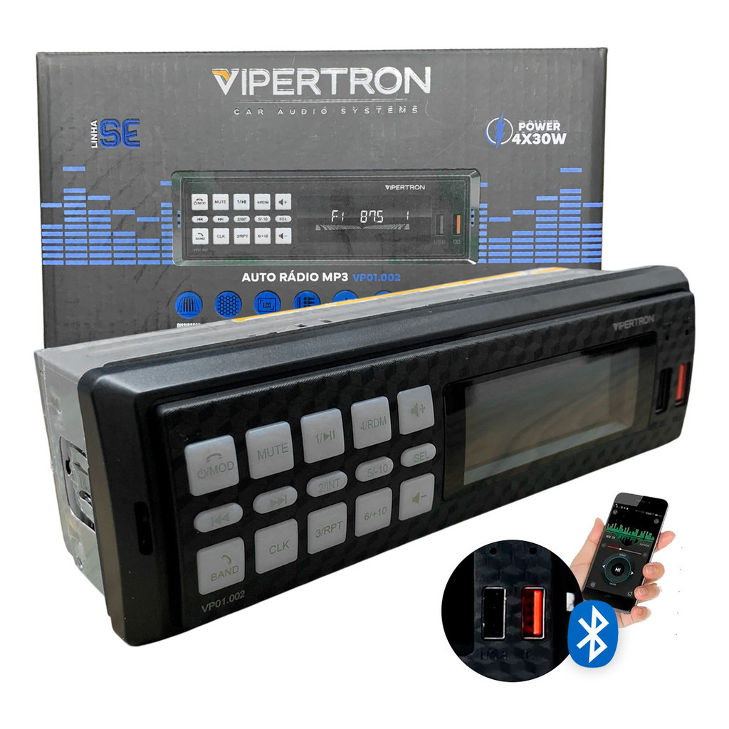 Rádio Vipertron MP3 FM Bluetooth USB LCD 4x30W Universal Equalizador RCA Conector ISO