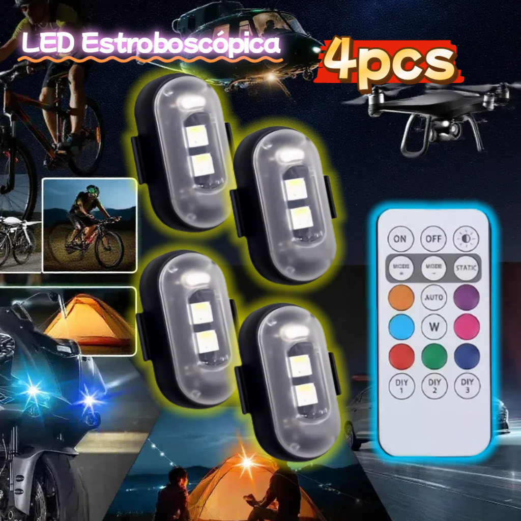 Kit 4Pcs Luz LED Estroboscópica Anti-Colisão 8 Cores com Controle Remoto Sem Fio Recarregável para M