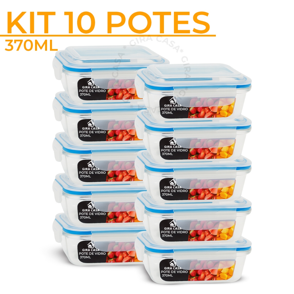 Kit 3/5/ 10 Potes Vidro 370ml Marmita Fitness Tampa Hermética 4 Travas