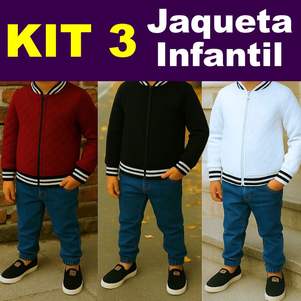 Kit 3 Jaqueta de frio masculina infantil escolar preto Marsala e branco 2 a 16 anos