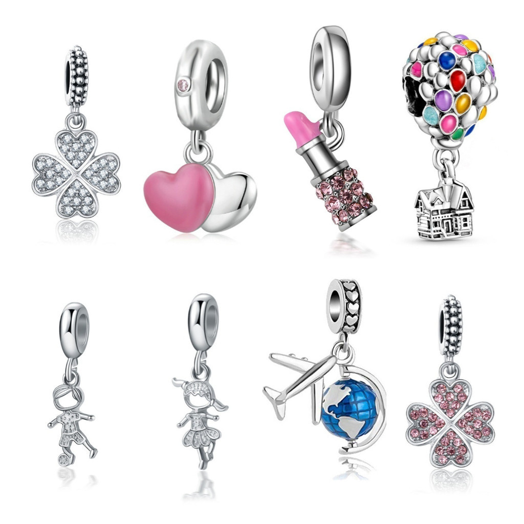 Berloque Prata 925 Trevo e Tartaruga Marinha com Diamante para Pulseira Feminina Acessório Luxo