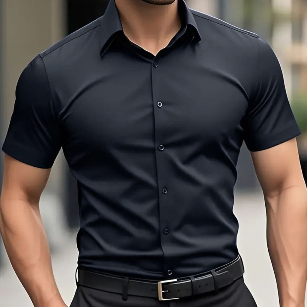 Camisa Social Masculina Slim Fit com Elastano  Manga Curta e Sem Amassados