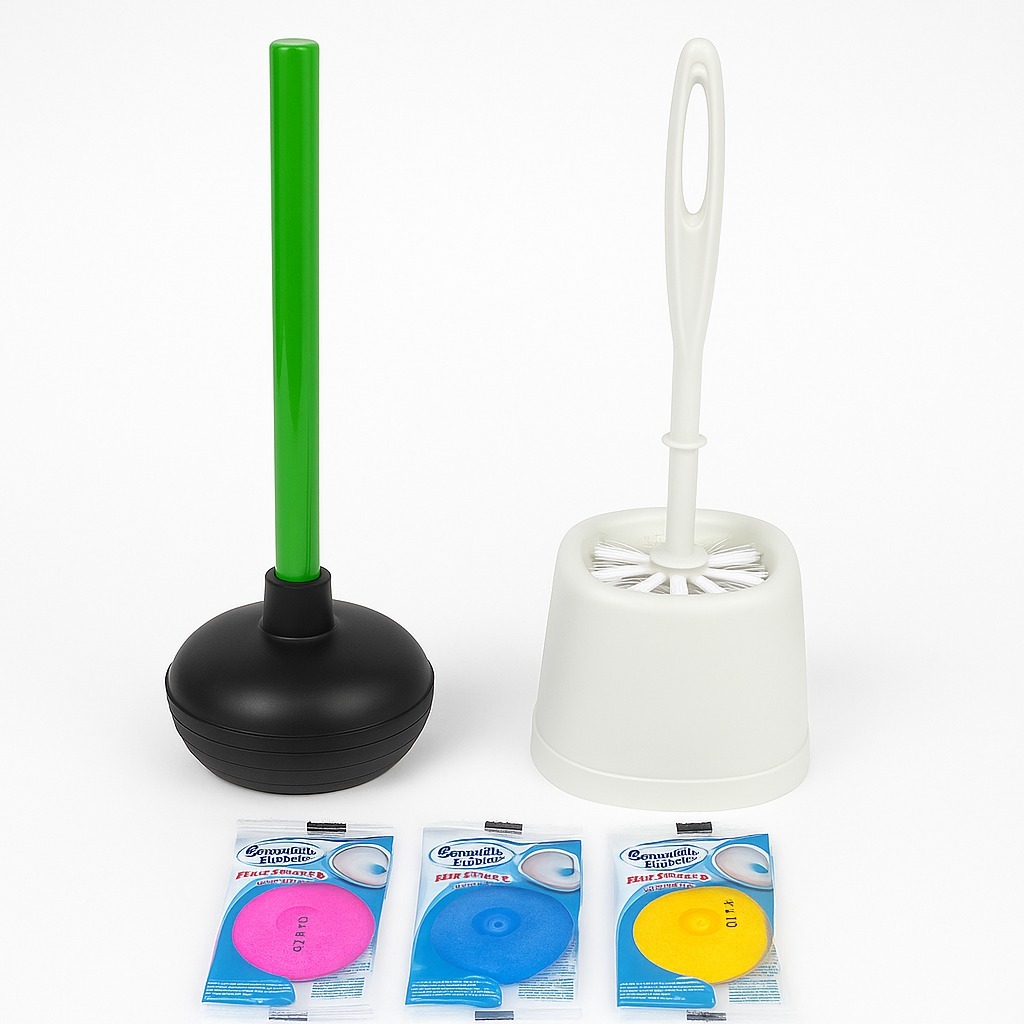Kit Limpeza Banheiro 6 Peças  Escova Sanitária + Suporte + Desentupidor + 3 Pastilhas