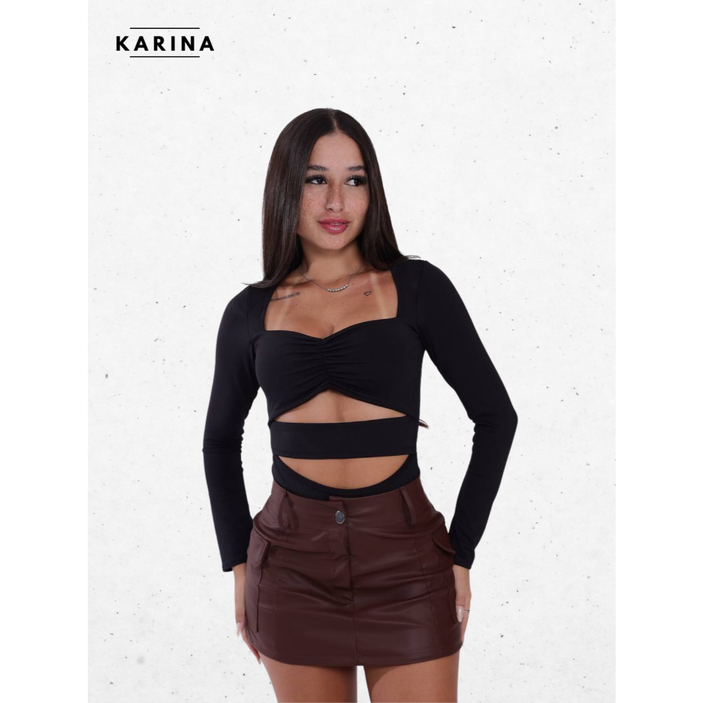 KARINA LOJA Body Celeste Suplex com Recortes Decote e Manga Longa Estilo Gringo Tendencia Inverno