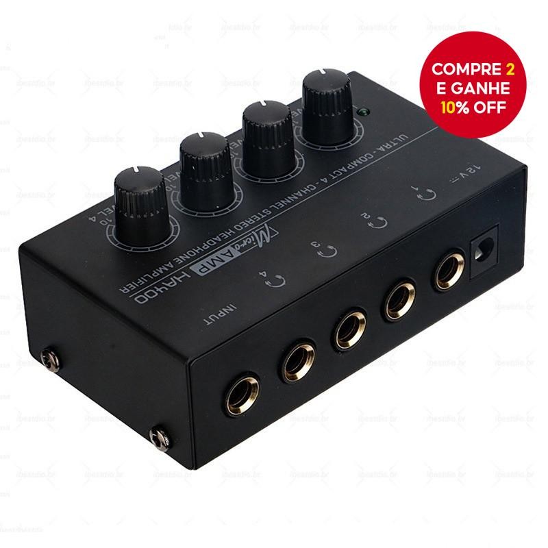 Amplificador de Fone de Ouvido Mini de 4 Canais com Adaptador de Energia