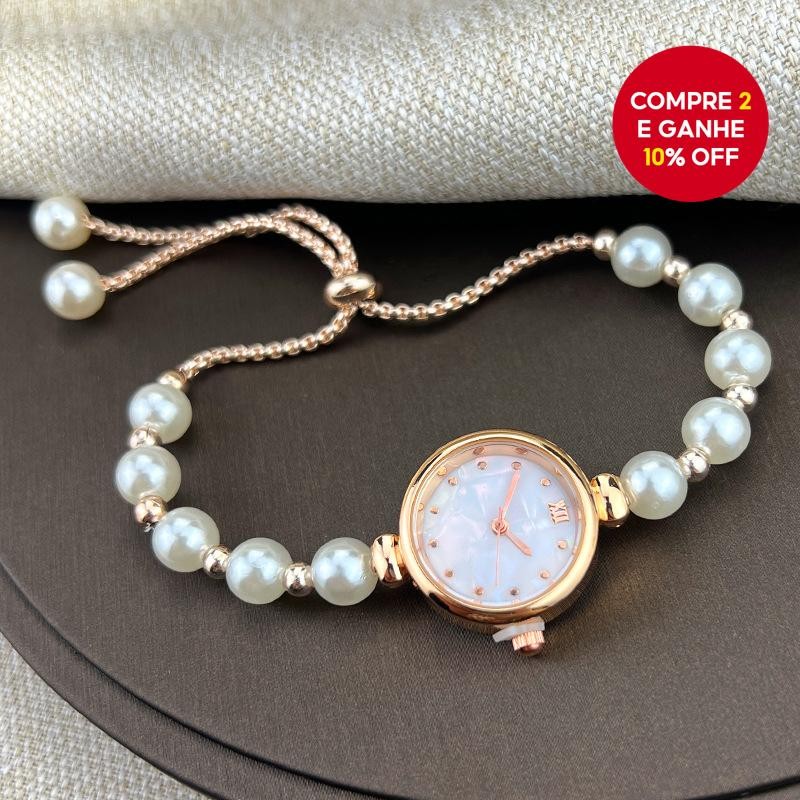 Relógio de quartzo elegante para mulheres com pulseira de contas ajustável – Moderno e versátil.