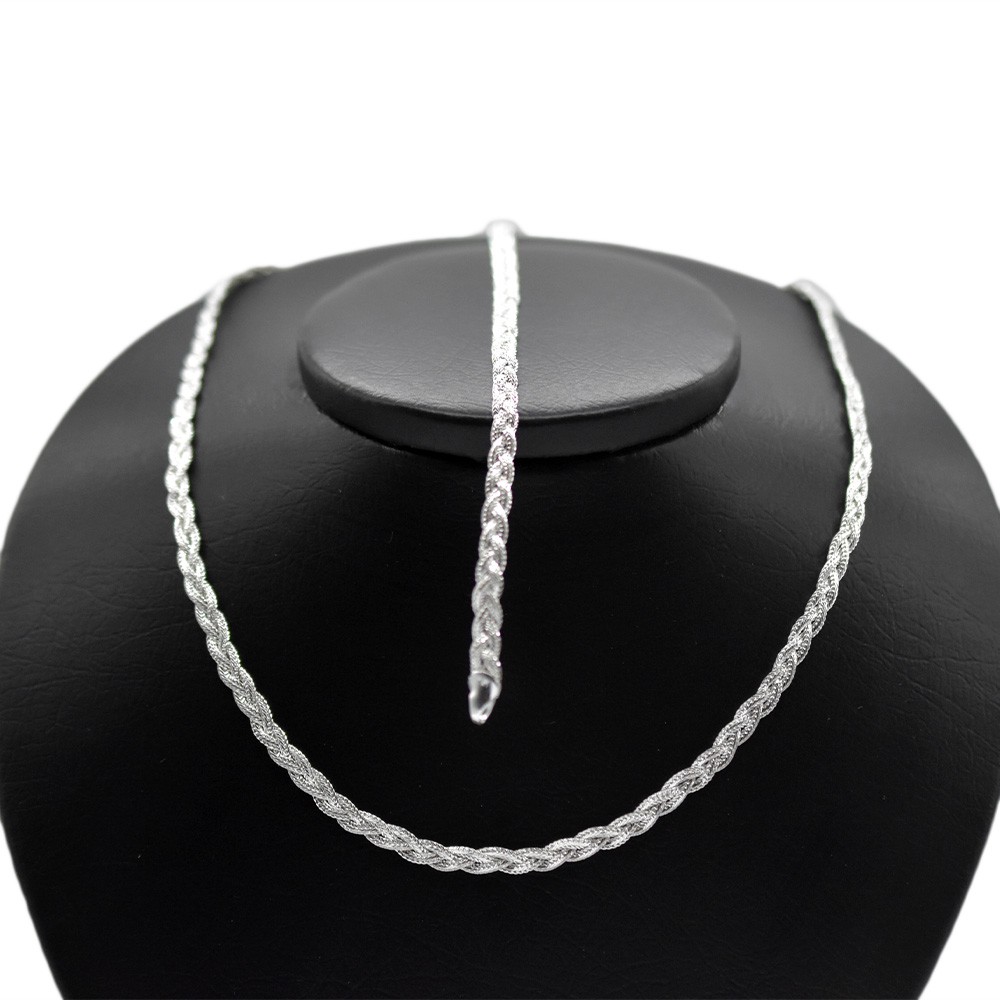 Kit Conjunto Colar Corrente Cordao Gargantilha + Pulseira Trançada 3 Fios Banhada a Prata 925