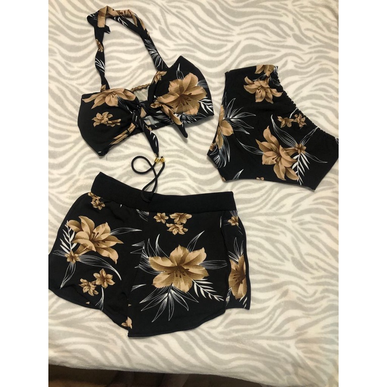 Biquíni com shorts três peças Estampado cintura