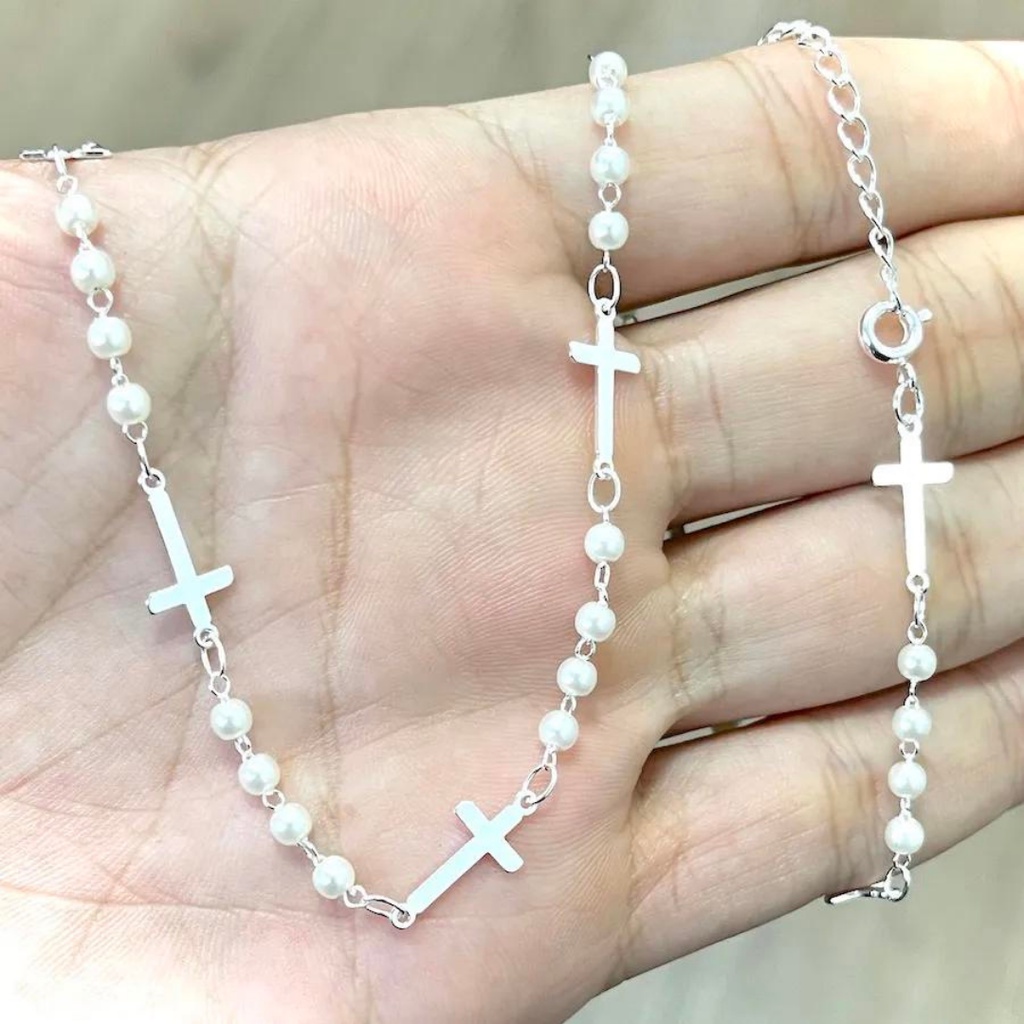 Colar Feminino De Prata 925 Pérolas com Crucifixo Chapado 45cm Banhado a Prata 925 Italiana Choker C