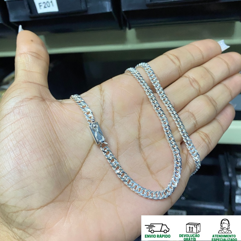 Corrente de Prata Maciça Cordão Grumet 70cm Banhado a Prata 925 Fecho Gaveta