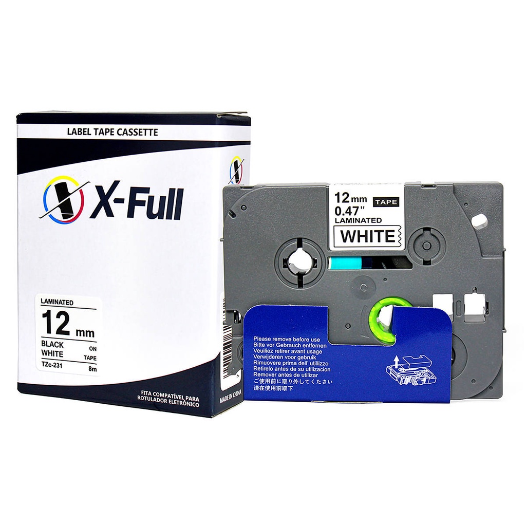Fita Rotulador Compatível com TZe-231 TZc-231 TZ231 12mm x 8m Branco/Preto X-Full p/ PT-D200 PT-P900