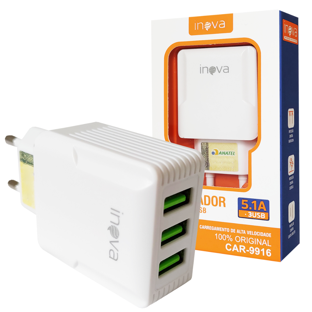 Fonte Carregador USB 5.1A 3 Entradas Carregamento Rápido Inova Prime