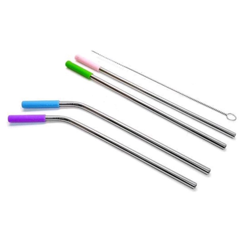 Kit Com 2 Canudo Fino/Grosso Aço Inox Metal Reutilizável + Escova + Capa + Silicone