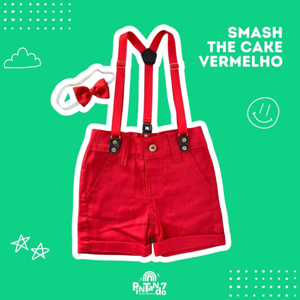 Bermuda + gravata + suspensório Smash The Cake infantil para meninos aniversário, mêsversário