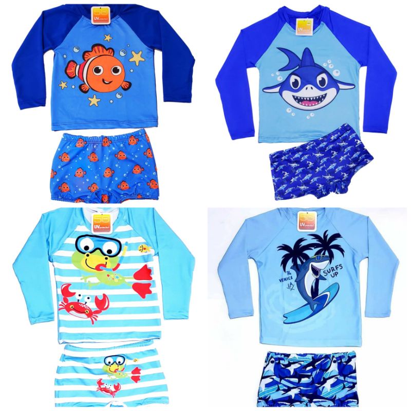 Conjunto Bebe menino proteção UV 50+ camiseta e sunga de 3 meses a 24 meses Tubarão Praia Piscina Na