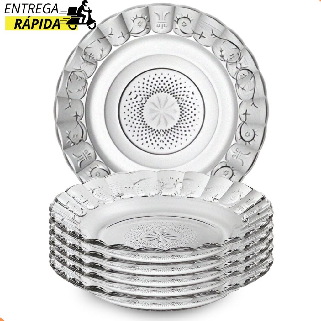 Jogo Pratos Vidro Egipcio Estrela 6 Pecas Prato Fundo Transparente Resistente Cozinha Mesa