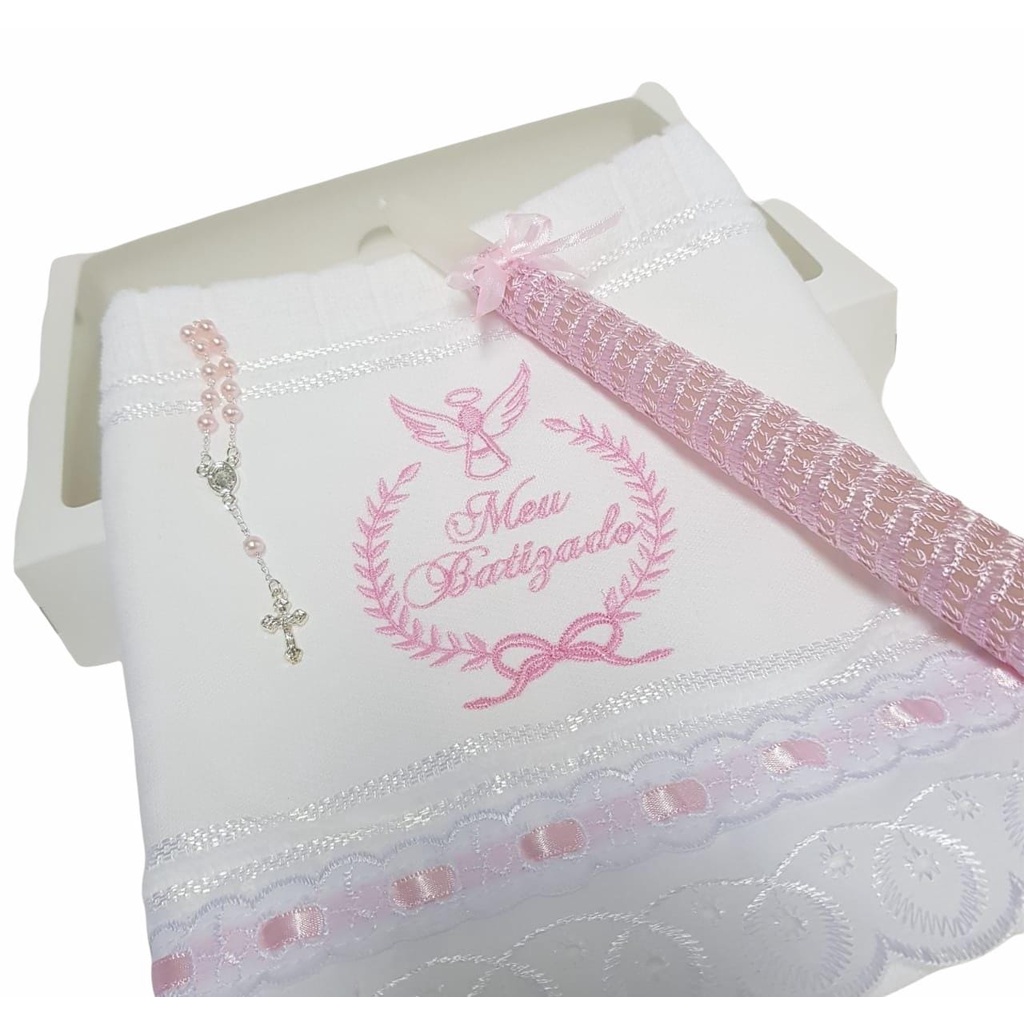 Kit Toalha Batizado Bebê Menina Rosa C/ Bordado Ramo Meu Batizado + Terço + Vela