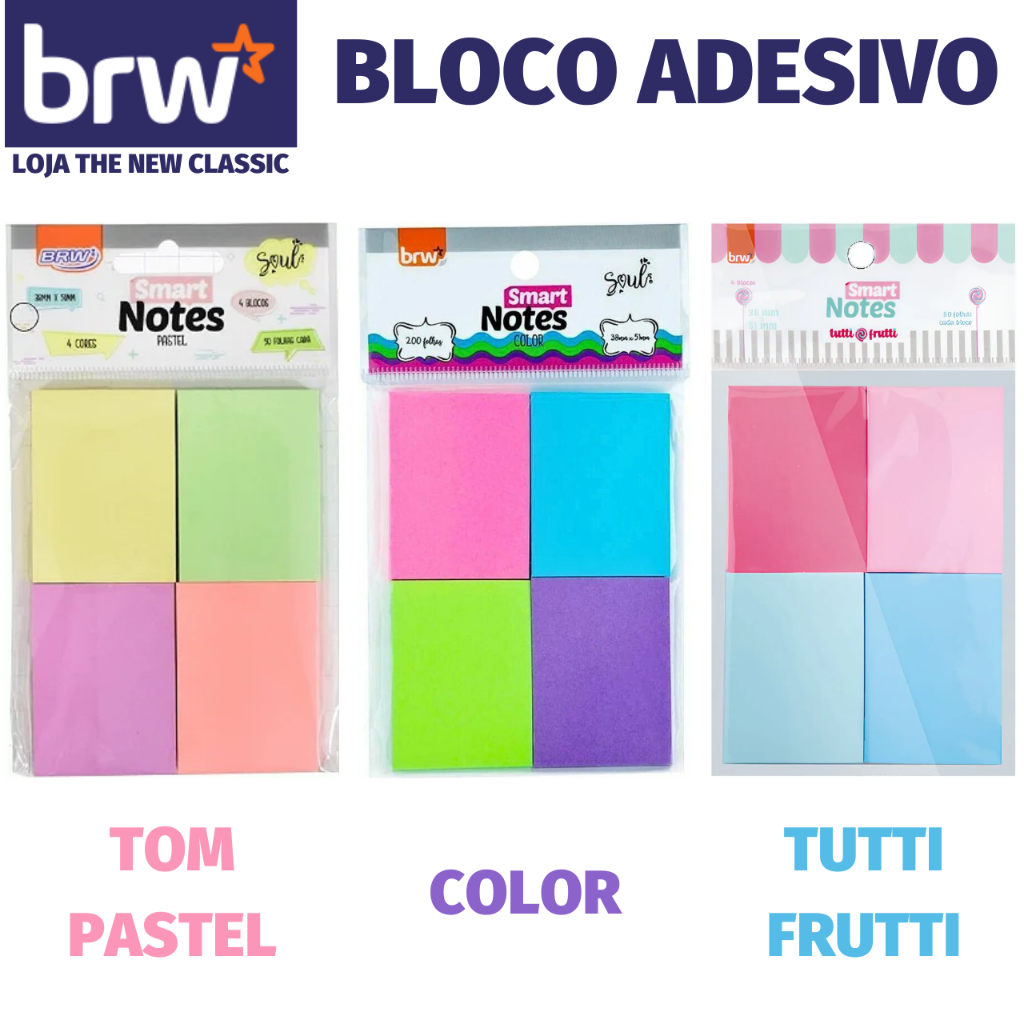 Kit 4 Bloco Adesivo para Recado ou Anotações BRW Tom Pastel Soul Color Neon Beach