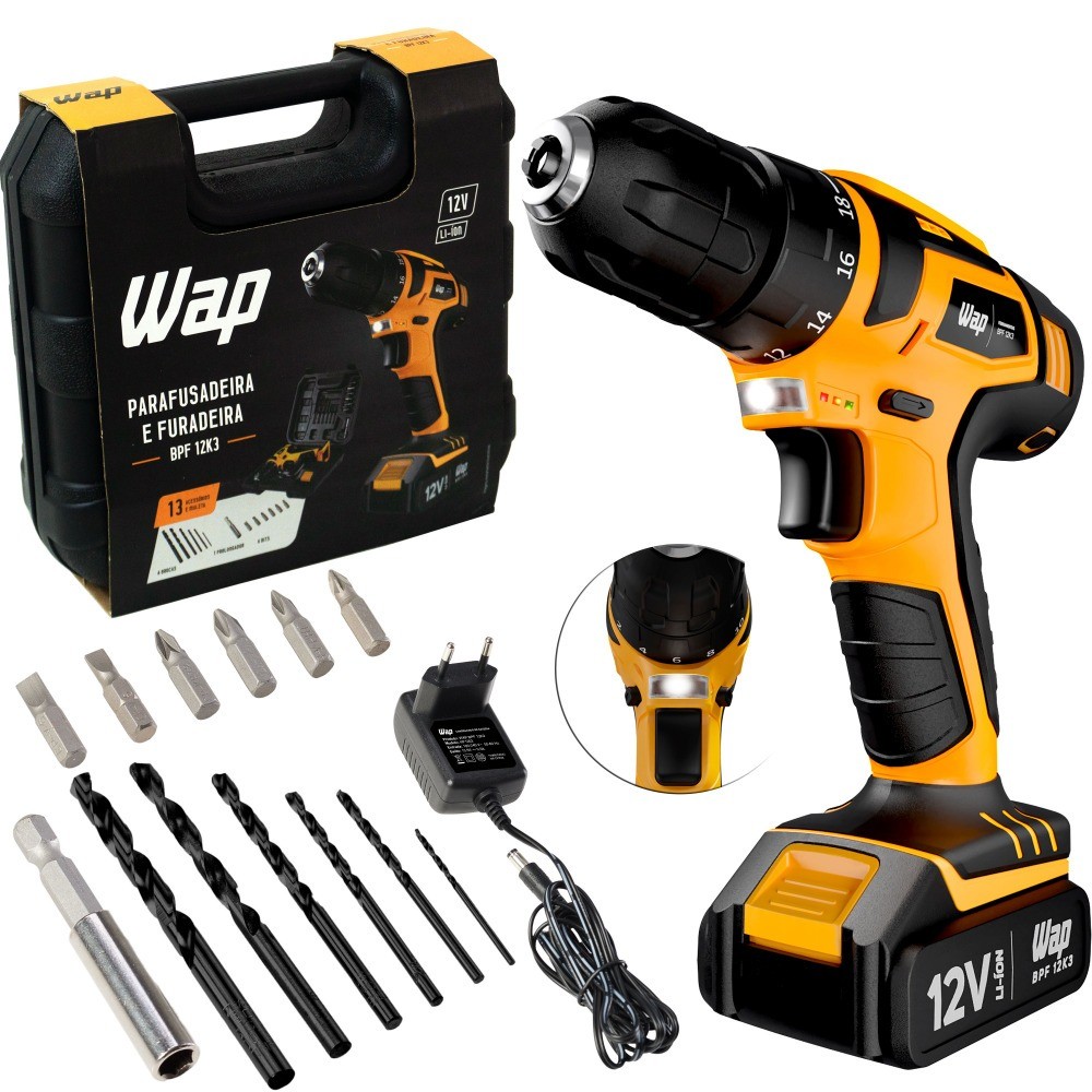 Furadeira Parafusadeira 3/8 a bateria 12V com kit de brocas e bits – BPF 12K3 – Wap