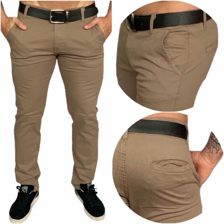 Calça Chino Slim Sarja Masculina Bege nova coleç