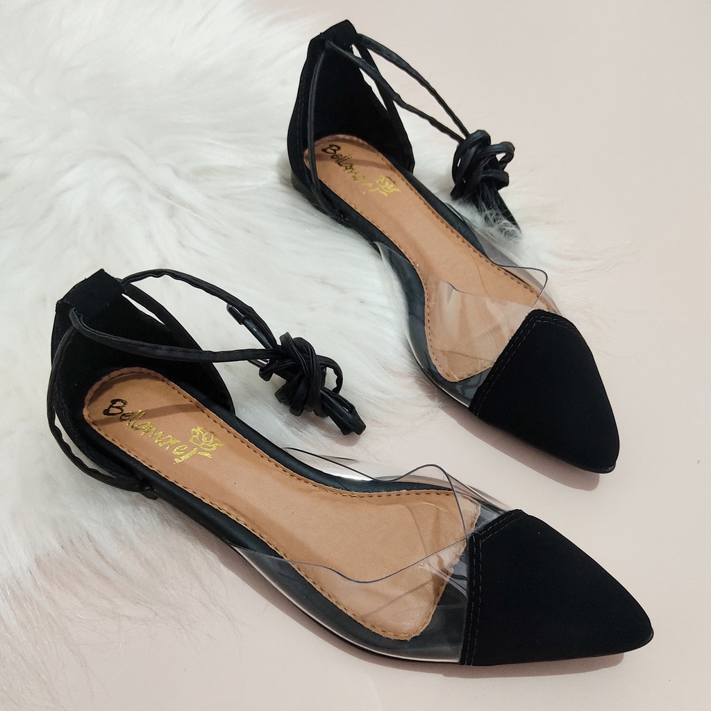 Sapatilha Mule Bico Fino Feminino Cristal Transparente Vinil De Amarrar Preto, Branco, Dourado,Nude