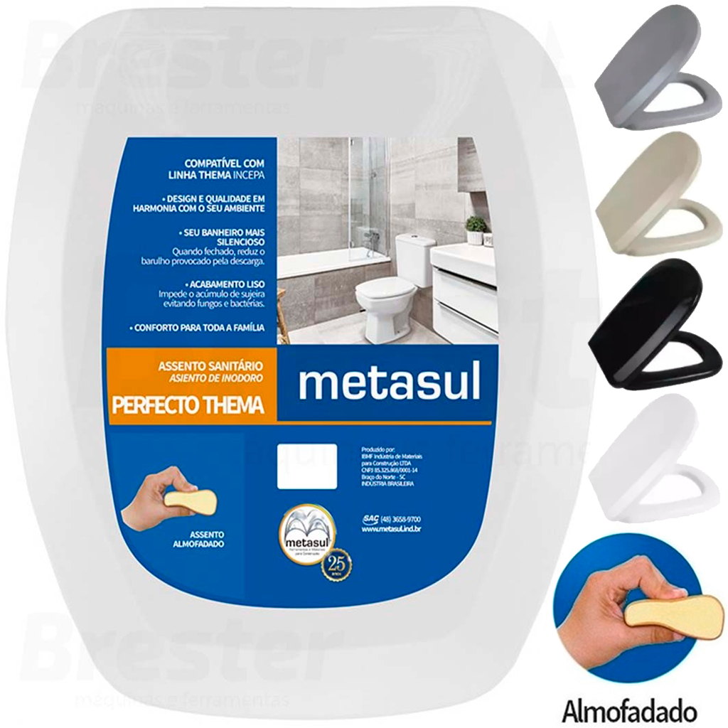 Assento Sanitário Almofadado Retangular Metasul Original 1.6gpf/6lpf Tampa Vaso Thema Valentina