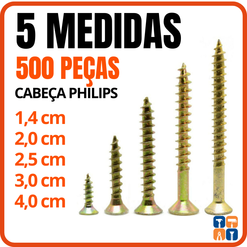 Kit Parafuso para Madeira Chipboard Philips com 500 Parafusos para MDF Móveis 14 20 25 30 35mm Combo