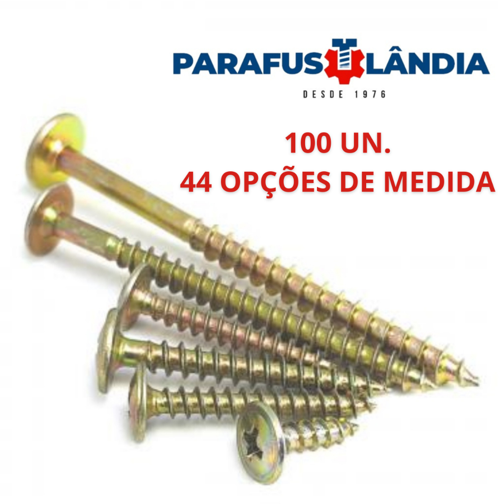 KIT 100 Parafusos Chipboard Cabeça Phillips Flangeado Para Madeira MDF  Móveis Diversas Medidas