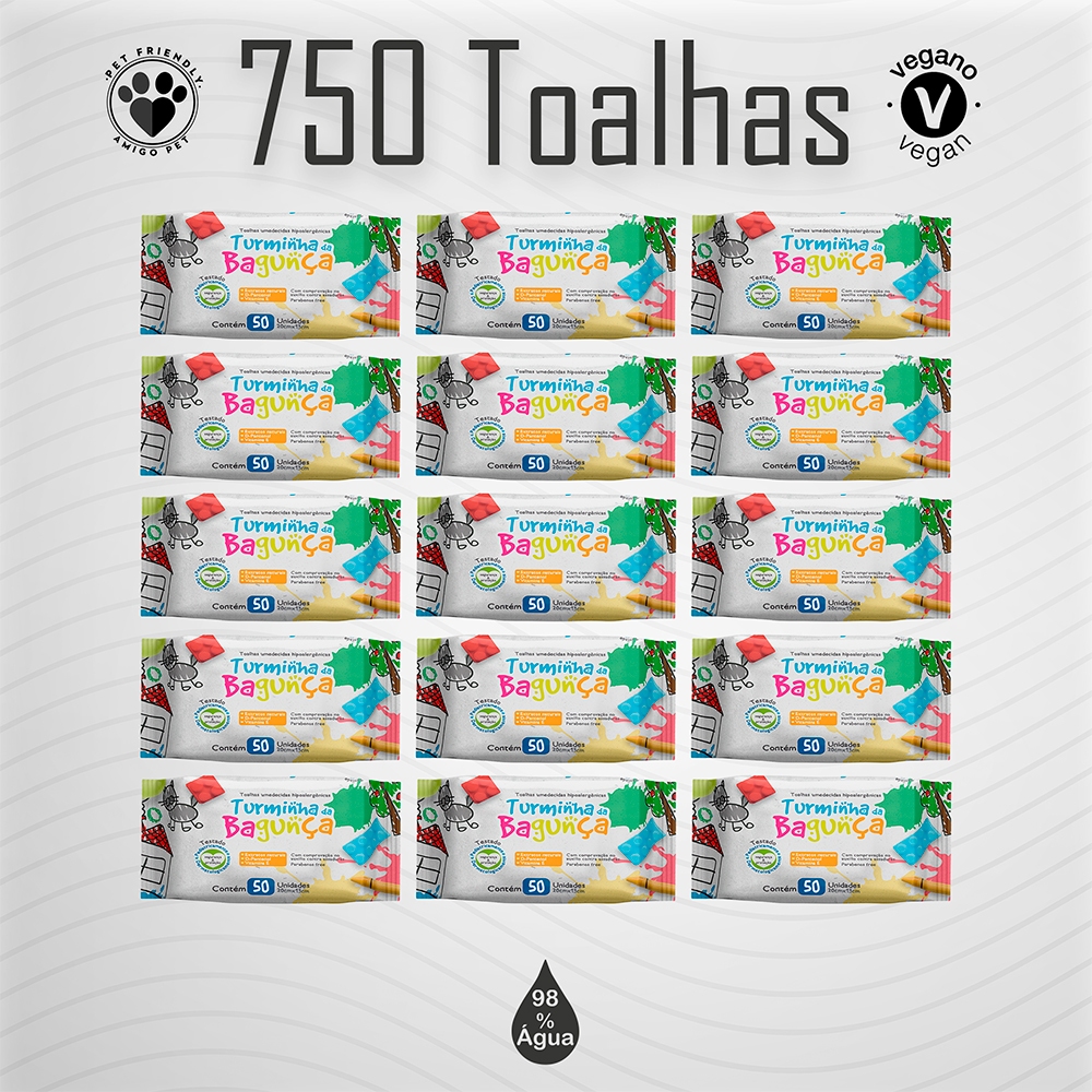 Kit 15 Toalhas Umedecidas Turminha da Bagunça 50 Folhas 98% Água