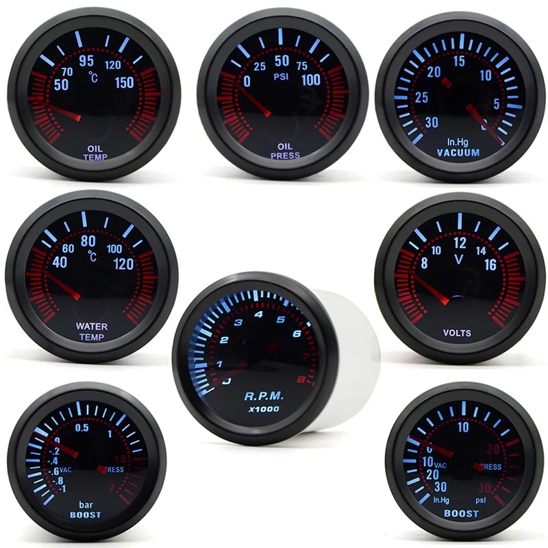 2  52mm Fumaça Lente Boost Gage bar psi/Vácuo/Temperatura Da Água Do Óleo/Pressão De Voltímetro/Tacô