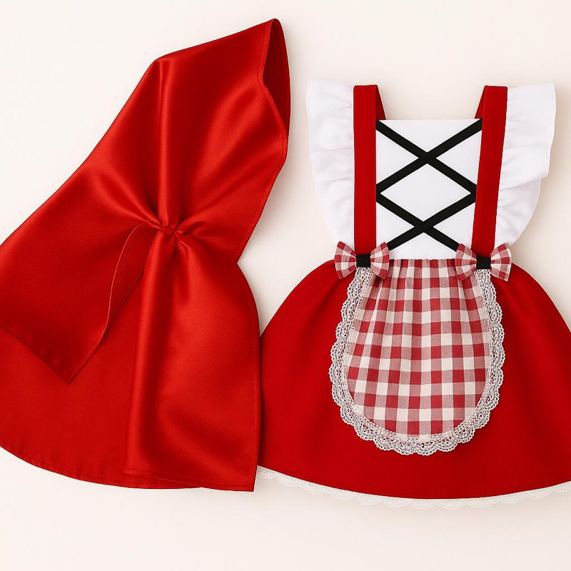 Roupa Fantasia Jardineira Chapeuzinho Vermelho com avental e capa