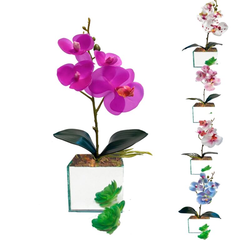 Vaso  Espelhado Dourado Prata Orquídeas Artificia