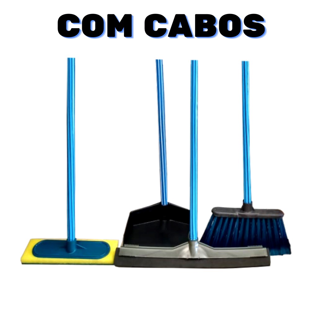 Kit Vassoura, Rodo Grande Duplo, Pá de Lixo e Lava Limpa Azulejo Esfregão com Cabo
