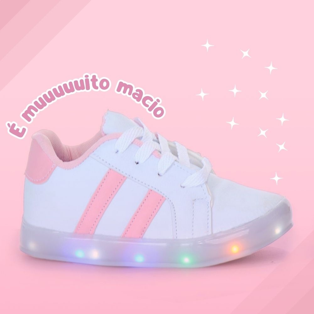 Tenis Calcado com Luzinha Luz Led Infantil Juvenil Menina Branco Rosa