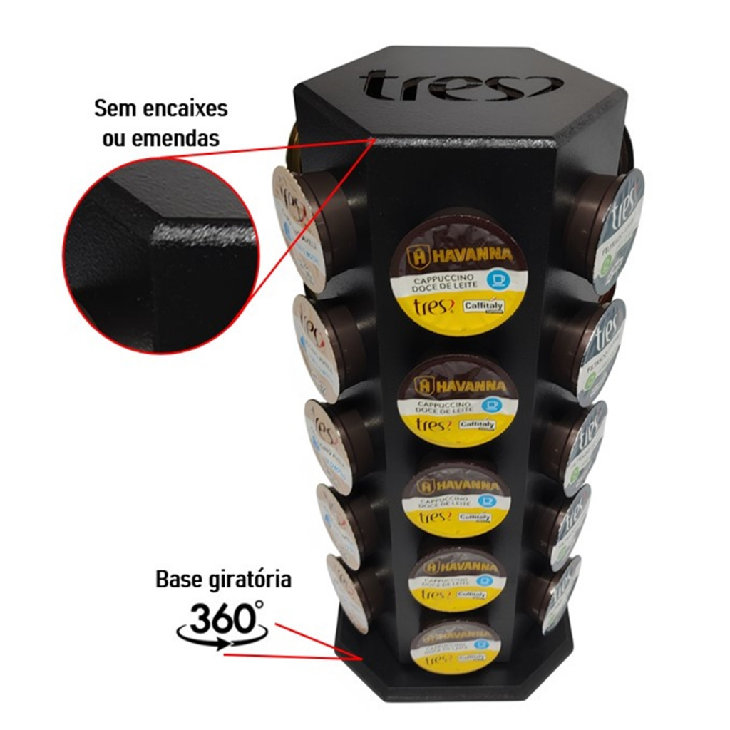 Torre Suporte Organizador TRES CORAÇÕES Porta Capsulas Cantinho do Café Giratório 30 Cápsulas MDF
