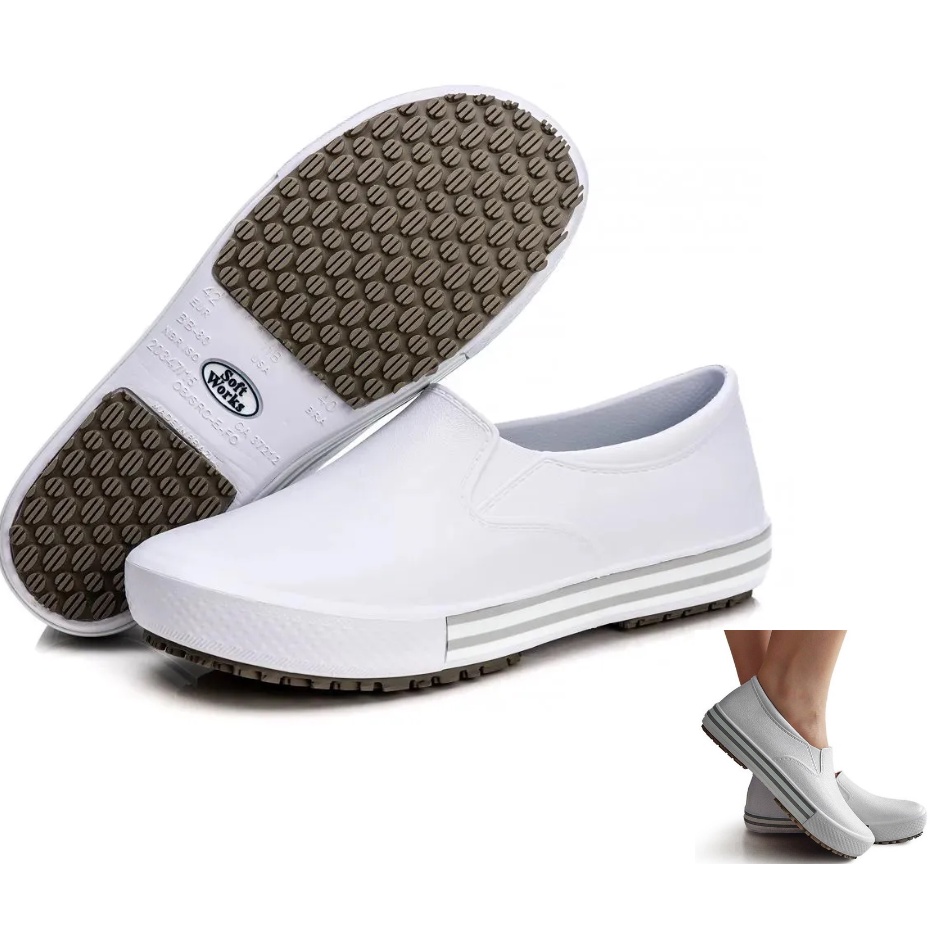 Tenis Sapato Soft Work BB80 Branco e Listra Cinza para Proteção dos pés Iate Enfermagem Cozinha Limp