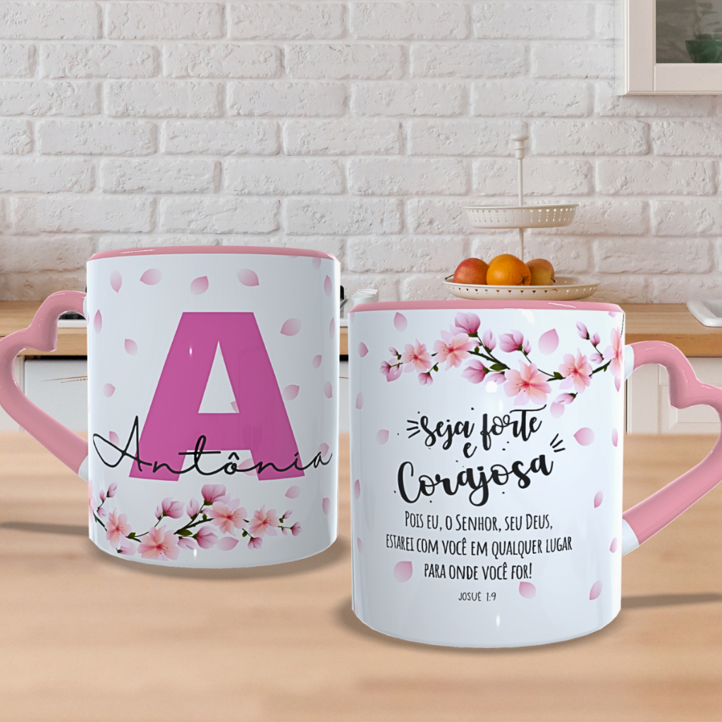 Caneca Personalizada Nome Letra Frase Religiosa  Feminina Coração Flores Presente Amiga Aniversario