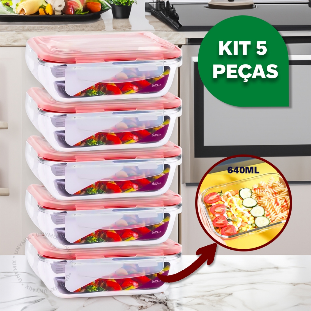 Kit 5 ou 10 Potes Vidro Hermético 640ml Retangular Marmita Premium