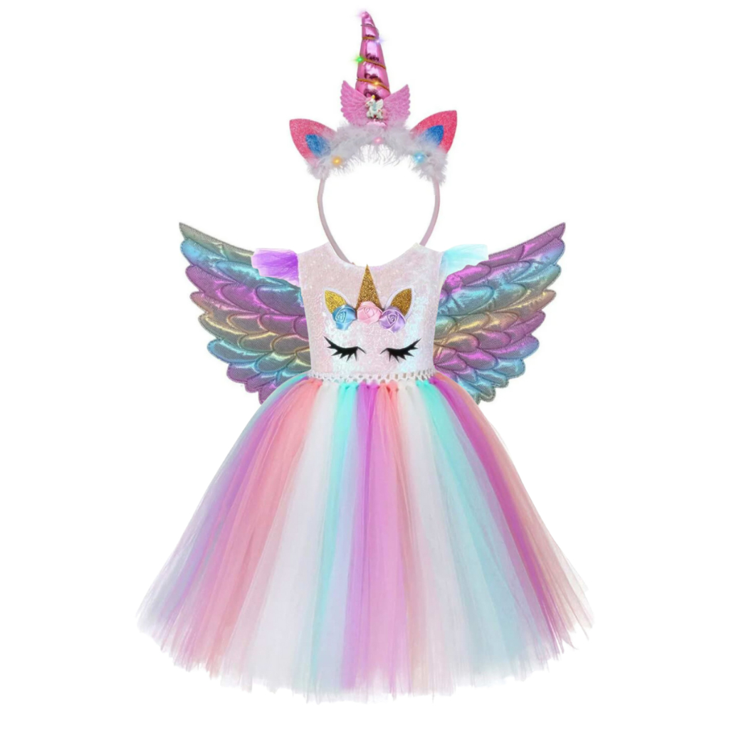 Fantasia Vestido Infantil Princesa Unicórnio Com Saia de Tule Colorida Com Tiara de led E Asa