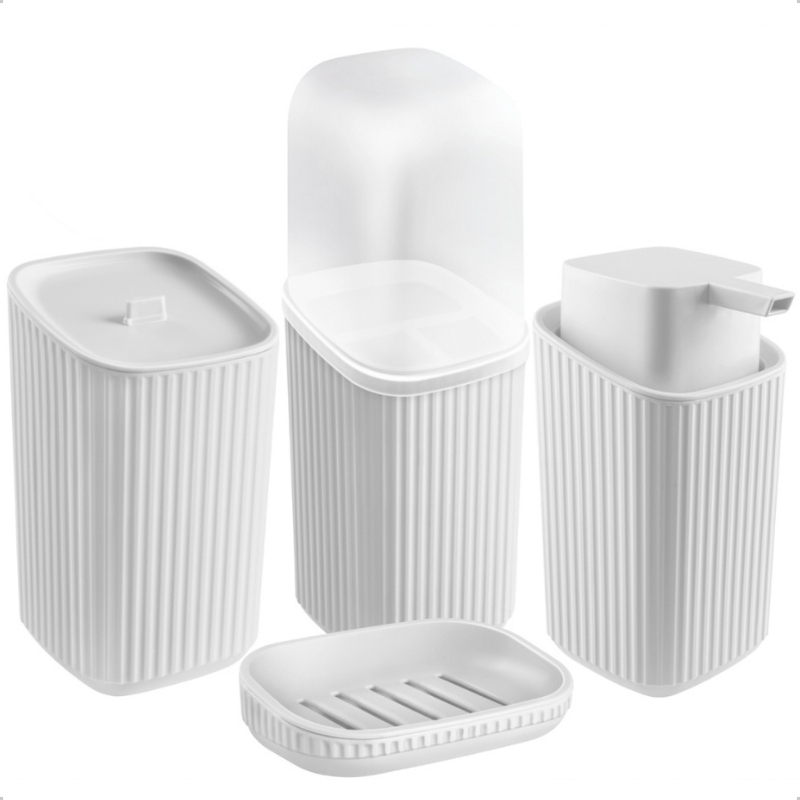 Kit Lavabo Banheiro Completo 4 Acessórios Dispense Sabonete, Porta Escova, Saboneteira,Porta algodão