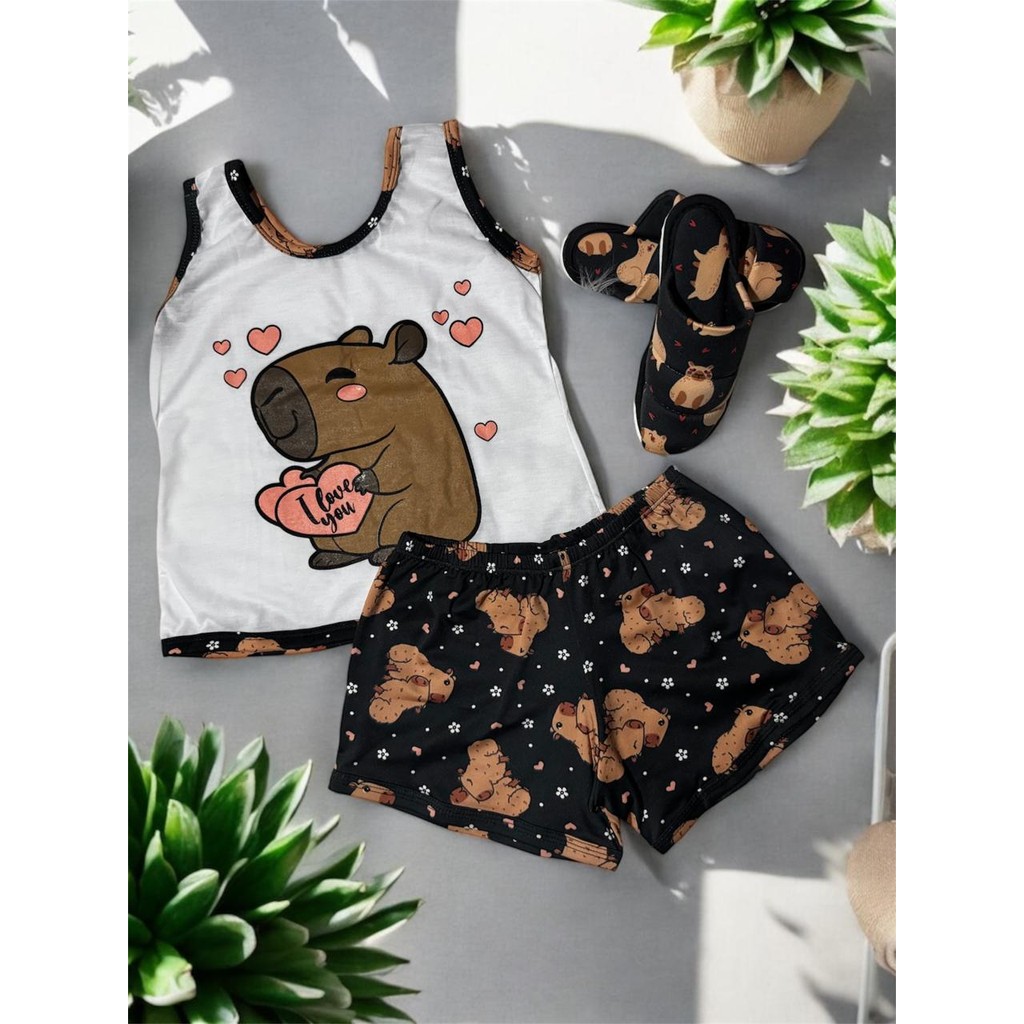 kit 1 short doll regata infantil + 1 pantufa verao personagens blogueira capivara de dormir pijama f