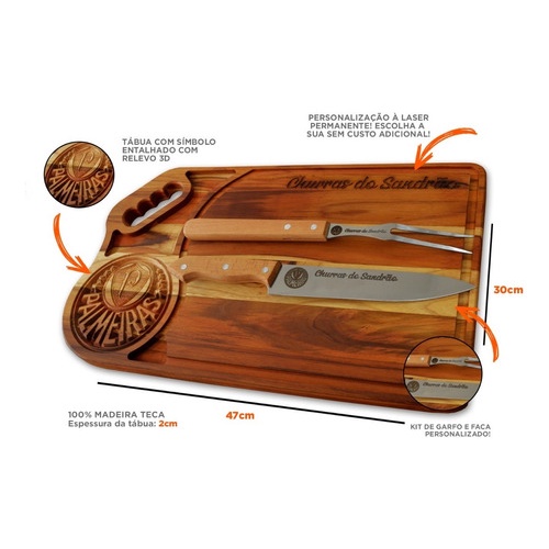 Kit Tábua de Madeira + Garfo e Faca para Churrasc