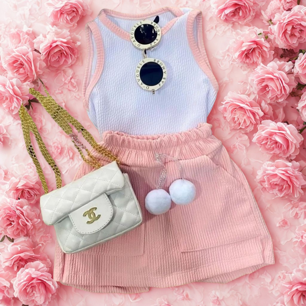 Conjunto Infantil Canelado de Tule Meninas, Moda Verão, Tecido Confortável 2 Ao 8